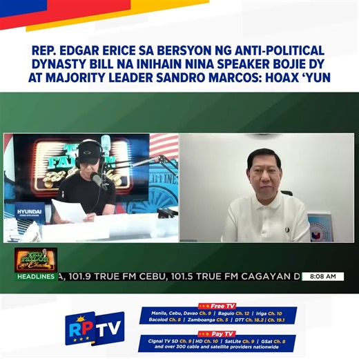 “IT IS A PROPOSAL TO PROMOTE POLITICAL DYNASTIES” | Tahasang sinabi ni Caloocan 2nd District Representative at ngayo’y Senior Deputy Minority Leader Edgar “Egay” Erice na “hoax” o peke ang bersyon ng Anti-Political Dynasty Bill na ipinasa nina House Speaker Bojie Dy at House Majority Leader Sandro Marcos ngayong 20th Congress. Sa kanyang panayam sa programang #TedFailonAtDJChacha, iginiit ni Rep. Erice na sa ipinasang panukalang batas ng House Speaker, pwede umanong manungkulan sa anumang electi