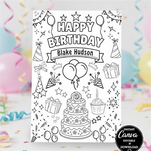 Editable Happy Birthday Coloring Page Canva, Personalized Kids Coloring Sheet, Printable Birthday Activity Page, Instant Download - Etsy