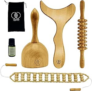 4 Pcs Wood Therapy Massage Tools, Wooden Massage Roller, Maderoterapia kit for Body Shaping, Lymphatic Drainage Massager, Anti-Cellulite Massager with Wormwood Oil 10ml, Body Sculpting Tools Set