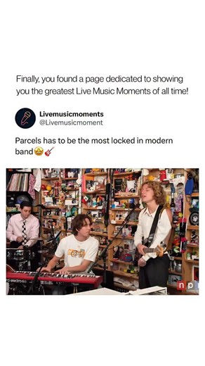 Live Music Moments on Instagram: "Parcels delivered a Tiny Desk Concert for NPR Music on October 22, 2025, performing a six-song set that blended stripped-down takes and full-band energy in the intimate NPR office setting. The Australian quintet opened with “Leaveyourlove” and also played fan favorites like “Tieduprightnow,” “Yougotmefeeling,” “Ifyoucall,” “Gamesofluck,” and “Finallyover,” showcasing their multi-vocal interplay and groove-driven arrangements. ￼ The appearance came on the heels o