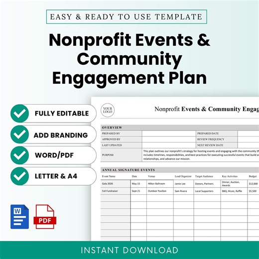 Nonprofit Events and Community Engagement Plan Template – Word & PDF, A4   US Letter - Etsy