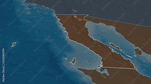 Baja California, state with its capital, zoomed and extruded on the administrative map of Mexico in the conformal Stereographic projection. Animation 3D Stock Video