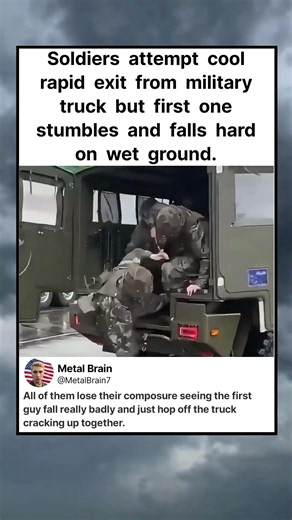 Soldiers attempt cool rapid exit from military truck but first one stumbles and falls hard #shorts