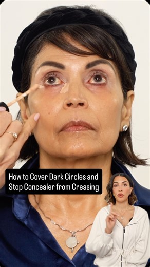 Glam Girl Gabi on Instagram: "How to Cover Dark Circles and Stop Concealer from Creasing in Wrinkles | Comment LINK to watch the full tutorial Products used: 1. @hudabeauty color corrector in Peach 2. @maxinesrevenge concealer in Light Peach 3. @lauramercier Translucent loose setting powder (ultra blur) 4. @thebkbeauty N19 (@makeupbynikkilarose collab) **PHENOMENAL undereye brush!** #concealer #concealercreasing #concealermatureskin #concealerover40 #darkcircles"