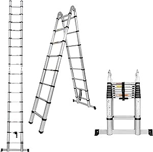 8.2ft+8.2ft Aluminum Telescoping Extension Ladder 330lbs Max Load Portable Multi-Purpose Extension A-Frame Ladder for Indoors Outdoors with Stabilisator Bar, Closed Height 34in, EN 313, Silver