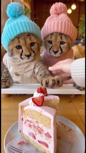 Baby Cheetahs Try Strawberry Cake for the First Time 🍰🐆💗 #shorts