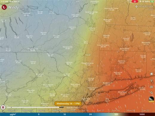 1.2K views · 30 reactions | 715am Sunday, June 11th, 2023 Air quality forecast Forecast model: ECMWF IFS Provider: Copernicus Updated 2h 13m ago Next update expected at: 06:04 PM, in 10h 46m 0s Update interval: 12 - 13 hrs Reference time: 2023-06-11T00:00:00Z | Hudson Valley Weather | Facebook