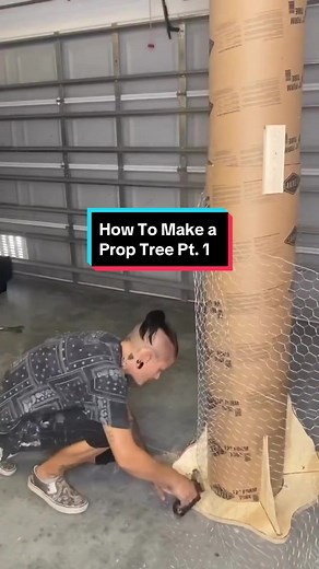 How to make a prop tree pt 1 ⬇️ 1. Cut plywood base, cut pieces that resemble tree roots 2. Staple and glue plywood pieces together 3. Instert 12”x 48 concrete tube onto base, staple in place. If they have the 8’ tubes you can use those as well, they were out so i attached 2 4’ tubes together. 4. Wrap chicken wire around tubes and base. The less perfect the nore organic the final shape will be Like & Follow for pt 2 🔥🫶🏼 #prop #propmaking #diy #sculptor #artist #maker #studio #bts #production