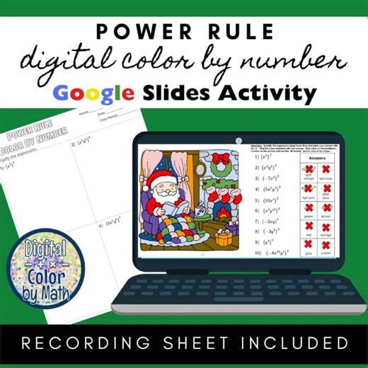 Digital Color by Number: Power Rule Exponents - Christmas Holiday Santa