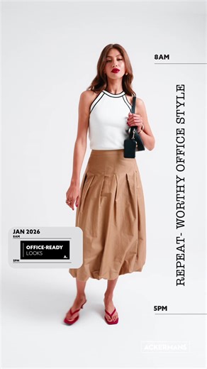 Three work-ready looks, from dresses to skirts and button-up shirts, easy styles made for the workday. Which look is your go-to for work? 🔎 Knitwear from R189.95, sizes XS-XXL 🔎 Fashion Dresses from R189.95, sizes XS–XXL 🔎 Shirts from R199.95, sizes 30-50 Shop in-store or online ➡️ https://brnw.ch/21wZlbt | Ackermans