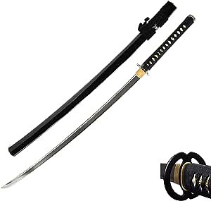 HMS Japanese Samurai Katana Sword, Musashi Tsuba, Hand Forged, Sharp 1095 Carbon Steel Blade, Black Scabbard, Sharp, Battle Ready