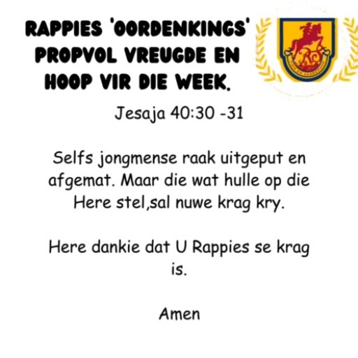 Uithouvermoë is wat 'n mens nodig het as jy jou lewenspad wil aanhou loop sonder om halfpad uit te sak. God belowe nuwe krag vir Sy kinders wat op Hom vertrou! #nuwekrag #dieHereisgoed | Laerskool Rapportryer