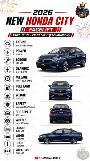 New Honda City Facelift 2026 | Price, Mileage, Features, Safety & Full Specifications