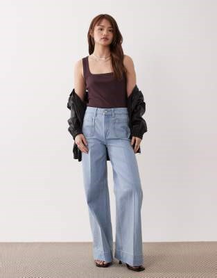 ASOS DESIGN Petite high waist wide leg jeans with front pockets in lightwash | ASOS