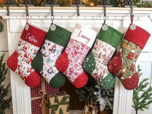 Quilted Christmas Stocking, Patchwork Design, Embroidered Cuff, Country Farmhouse Decor - Etsy