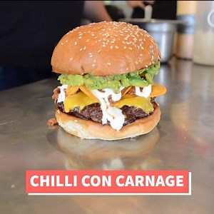 2.8K views · 32 reactions | Start your quest to conquer the Chilli Con Carnage TOMORROW  Beef Patty, Cheese, Chilli Con Carne, Black Beans, Jalapeños, Sour Cream, 2 layers of Doritos & Guacamole  #bytetheburger | Eat8bit | Facebook