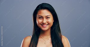 Asian woman, face and laughing at studio background joke, comedy and humor on mockup space. Portrait, funny and Vietnam student for university, college and school about us in happy facial expression
