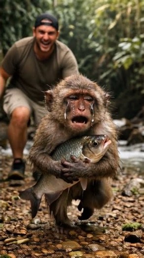 Crying Monkey Chased by Man in Jungle