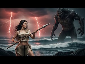 An Amazon Girl Tribe Alone on beach face giant creature