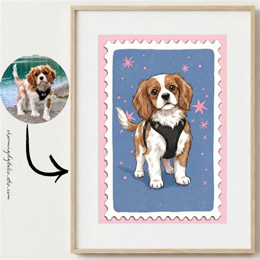 Custom Dog Portrait, Personalized Pet Print in Postage Stamp Style, Puppy Digital Illustration - Etsy