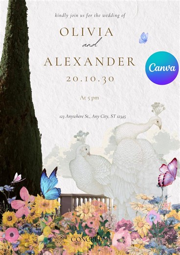 Peacock Wedding Invitation | Floral Garden, Pastel Butterfly (editable Canva Template) Instant Download - Etsy