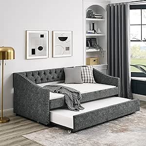 Upholstered Daybed with Trundle, Modern Button Tufted Fabric Twin Size Daybed Frame Sofa Bed, No Box Spring Needed, Easy Assembly, Grey