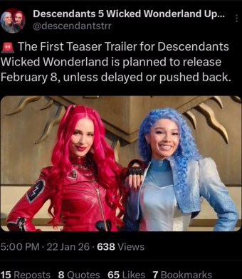 The Teaser Trailer for Descendants: Wicked Wonderland Might Be Dropping on February 8th! I can't wait to see the teaser trailer, the full-length trailer and the actual movie itself! #descendants #descendantswickedwonderland #fyp