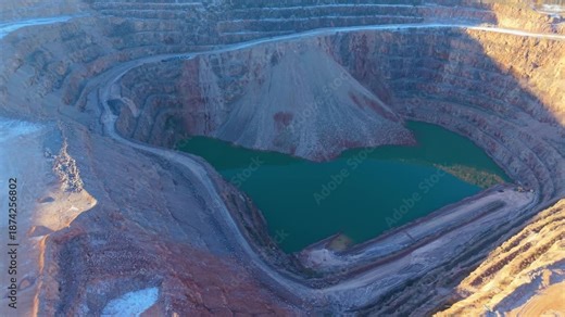 Vast quarry basin filling with emerald water inside terraced rock walls. Circular open pit excavation collecting water along spiraling mineral slopes. Immense flooded quarry forming artificial lake