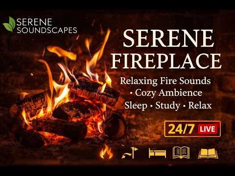 Serene Fireplace 🔥 Cozy Fire Sounds for Sleep, Study & Relaxation | 24/7 Live | Serene Soundscapes