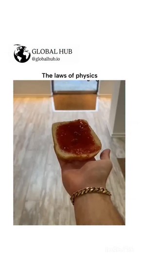 GLOBAL HUB on Instagram: "This @HumansNoContext video captures the "buttered toast phenomenon," where dropped toast rotates mid-air to land jam-side down due to gravitational torque acting on its off-center mass. The clip's twist—taping jam-toast to a sneaker sole and dropping it—yields a "success" with jam facing up upon landing, satirizing futile hacks against everyday physics fails. Peer-reviewed models, like a 2002 arXiv paper, confirm the effect from table heights (0.75-0.9m) enabling half-