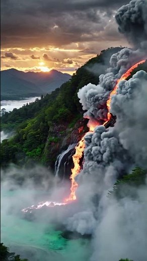 Ultra-realistic, high-resolution (4K) cinematic video of a volcanic eruption in a lush