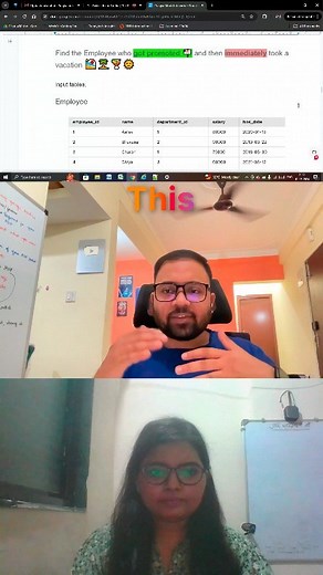 Ankur Ranjan on Instagram: "Write a SQL query to find the employee who left for vacation just after getting promoted 😀😅 #dataengineering #sql #interview #datascience #interviewquestions #database #dataanlysis #data #data #jobpreparation"