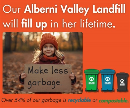 The Alberni Valley Landfill (at the AV Sort'nGo Centre) will fill up by 2089 unless we change our waste habits. We can significantly extend the life of our landfill by participating in local recycling and composting programs. Learn where to take recyclables that can't go in curbside recycling by using the Sort'nGo App's SortIt function. Residents without curbside organics services can apply for the self-haul organics pilot program (ongoing until May 20, 2026). $25 for 15 organics drop offs. Join