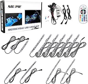 SUNPIE 12Pcs Bluetooth Motorcycle LED Light Kit Strips Multi-Color Accent Glow Neon Ground Effect Atmosphere Lights Lamp with Wireless Remote Controller for Motorcycles