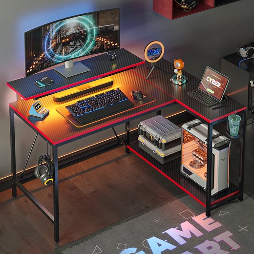 Pinmoco 42" Reversible L-Shaped Gaming Desk with Monitor Stand, LED Lights& Headset Hooks, Home Office, Carbon Fiber Black - Walmart.ca