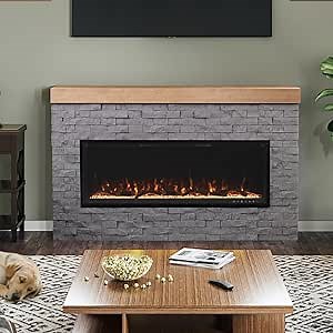 Modern Ember Wyman Linear Grey Stone Mantel Package with 50" Smart Electric Fireplace Heater Insert | Alexa/WiFi Enabled | Multi-Flame Colors & Brightness