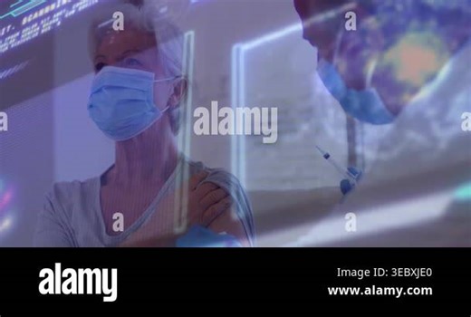 Senior woman pulling up sleeve receiving vaccine injection from masked Dr. showing health graphs. Elderly, immunization, healthcare, protection, digital analytics, medical, wellness Stock Video Footage - Alamy