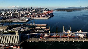 Vancouver, British Columbia, Canada - Centerm - Centennial Terminals - Major Container Port on Burrard Inlet - Aerial Pan Left