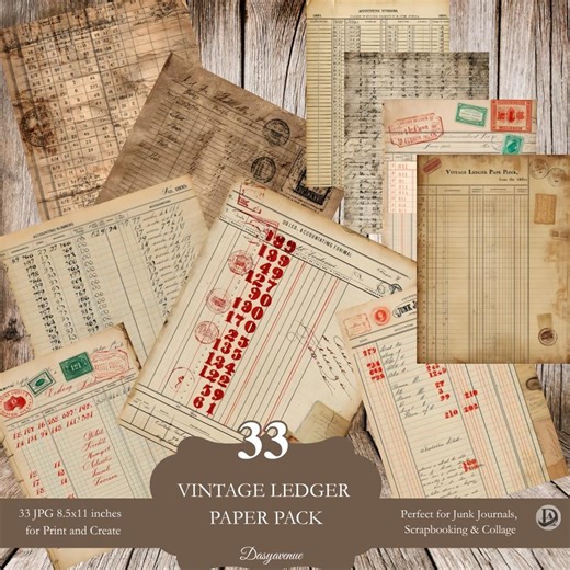 Vintage Ledger Paper Pack – 33 Printable Antique Accounting Sheets for Junk Journals, Scrapbooking & Mixed Media - Etsy