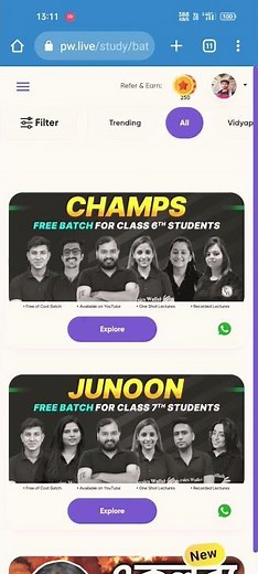 Free Batch of class 6 and 7 from pw