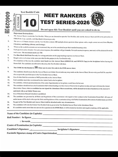 NEET Rankers Test Series 2026 | PW Test Booklet Code 10