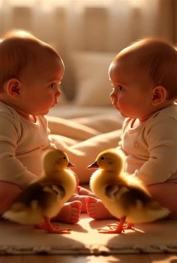 Twin Babies & Duckling Calm Play #cute #baby #twins #playing #duck