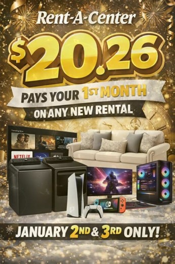 Start 2026 the easy way at Rent-A-Center! ✨𝗝𝘂𝘀𝘁 $𝟮𝟬.𝟮𝟲 𝗽𝗮𝘆𝘀 𝘆𝗼𝘂𝗿 𝗙𝗜𝗥𝗦𝗧 𝗠𝗢𝗡𝗧𝗛 𝗼𝗻 𝗔𝗡𝗬 𝗻𝗲𝘄 𝗿𝗲𝗻𝘁𝗮𝗹 ⤦ 🗓 𝗙𝗿𝗶𝗱𝗮𝘆, 𝗝𝗮𝗻. 𝟮𝗻𝗱 & 𝗦𝗮𝘁𝘂𝗿𝗱𝗮𝘆, 𝗝𝗮𝗻. 𝟯𝗿𝗱 𝗢𝗡𝗟𝗬! Upgrade your space with the furniture, electronics, or appliances you’ve been dreaming about—without the stress. New year glow-up? ✔️ We’ve got you covered. 🔥 Hurry—this deal is here for 2 days only! 📍 Stop by today 𝙊𝙧 🛒 Shop online 𝗵𝘁𝘁𝗽𝘀://𝗯𝗶𝘁.𝗹𝘆/𝟯𝗸𝗥𝟯𝘄𝗳𝗝 and make