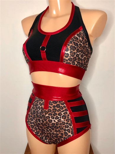 Wrestling Gear Black Cheetah Red Two Piece Aerial Circus Dance Costume - Etsy