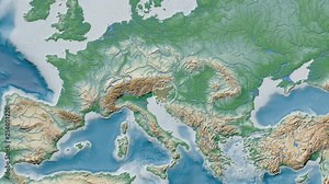 Slovenia area presented against the global physical map in the Patterson Cylindrical projection with animated oblique transformation