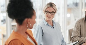 Diversity, business meeting and training collaboration for b2b presentation, company teamwork or planning strategy in office boardroom. Marketing workshop, employee discussion and interracial team