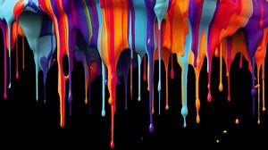 Slow-motion colorful ink drips dripping from above to below the screen in a mix of vibrant colors. Includes Alpha Channel for keying out.