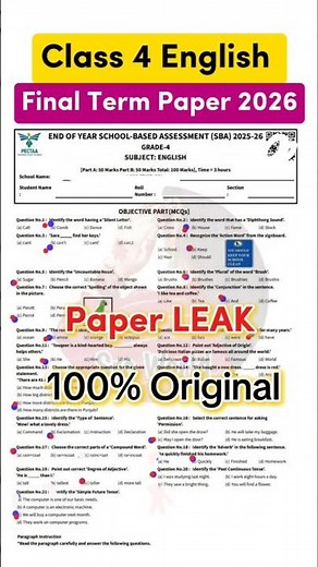4th Class English paper final term 2026 SBA 4th Class ka English ka paper class 4 English final term