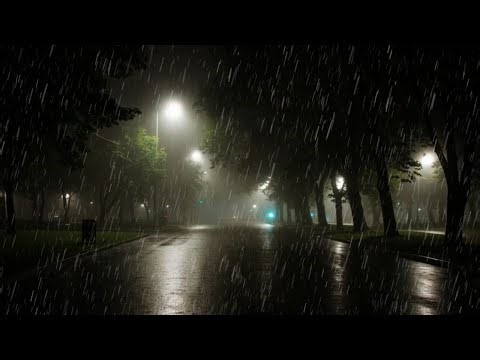 Calming Rain Sounds on an Empty City Park Road for Deep Sleep | Distant Thunder ASMR