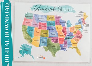 Map of the United States of America, Digital United States Map, Watercolor Map, Montessori Materials, Educational Posters - Etsy